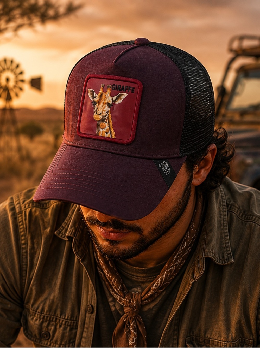 Burgundy Giraffe Embroidered Mesh Snapback Trucker Hat Curved Brim Adjustable